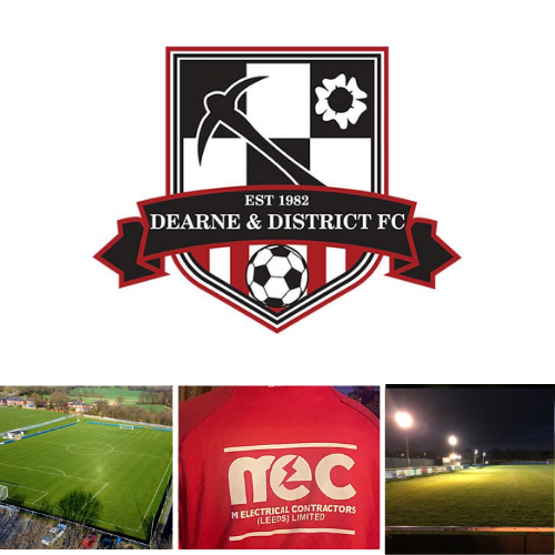 Dearne & District Football Club Badge and multiple images of the electrical work we have carried out at the football ground. 